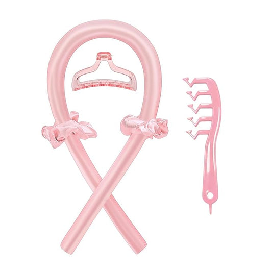 Satin Heatless Curling Rod-Heatless Curls Overnight – Hair Rollers & Hair Curlers to Sleep In – Hair Rollers for Blowout Look Long Hair – No Heat Damage, Comfortable for Night Use (Pink suit)