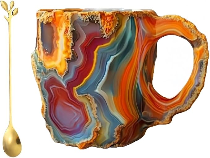 Mineral Crystal Coffee Mugs, Resin Imitating Natural Agate Appearance, Mineral Coffee Mug New Elegant Multi Colored, Durable and Dishwasher Safe for Daily Use & Gifting(Volcano Red)