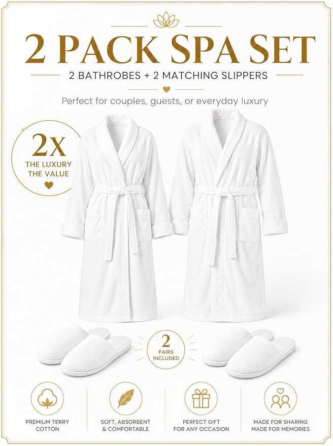 BIOLINEN 100% Cotton Terry Shawl Collar Bathrobe with Slippers