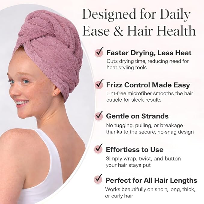 Luxury Microfiber Hair Towel Wrap for Women - Quick Dry, Super Absorbent Hair Turban, Soft & Lightweight Anti-Frizz Towel for Long, Thick & Curly Hair (Mauve, 48" × 24")