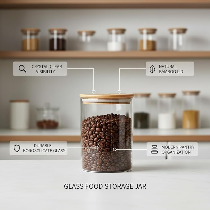 Borosilicate Glass Storage Jars with Bamboo Lids, Clear Kitchen Canisters for Pantry Organization of Dry Goods, Coffee, Tea, and Grains
