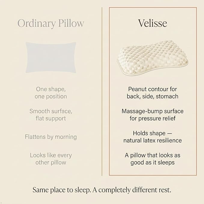 Velisse — Natural Latex Pillow for Stomach Back Side Sleepers, Peanut Shape for All Position Sleeping, Wave-Ridge Surface, Single-Height Adaptive Design, 100% Pure Vietnam Latex