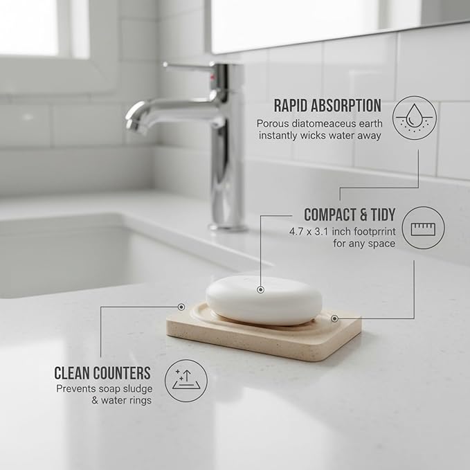 Diatomaceous Earth Soap Dish, Porous Stone Bar Soap Holder for Bathroom Sink & Counter, 4.7 x 3.1 Inch Tray