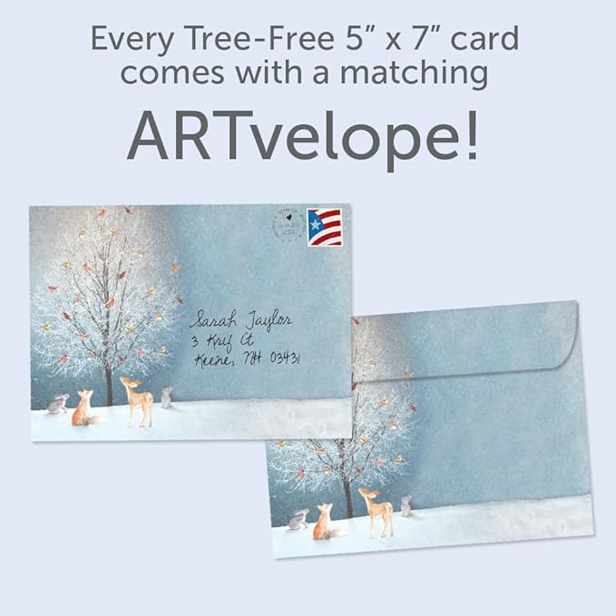 Tree-Free Greetings Bird Tree Holiday Cards - 10 Recycled 5x7 Cards & Matching Envelopes, Thick Cardstock, Made in USA - Magical Woodland Celebration