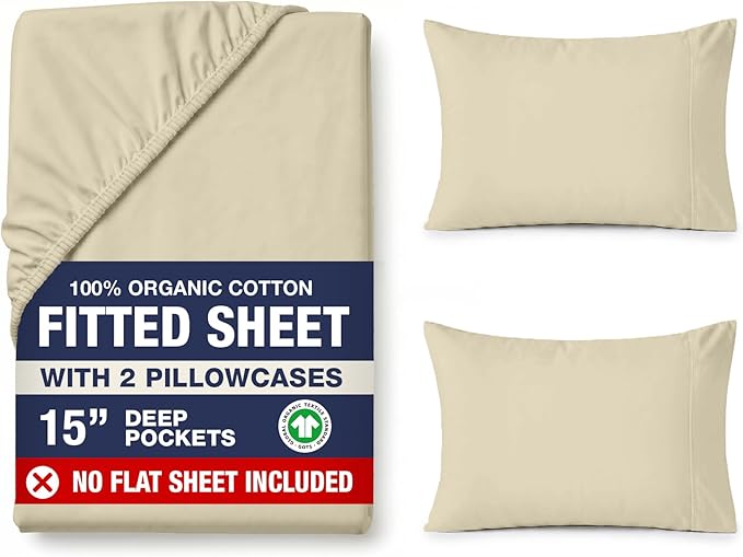 LANE LINEN King Fitted Sheet Set (No Flat Sheet) - 100% Organic Cotton Soft & Breathable Percale Weave Fitted Sheet Set for Added Comfort - 15'' Deep Pocket for Snug Fit - GOTS Certified - Linen