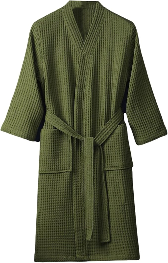 Men & Women Long Sleeve Kimono Bathrobe Lightweight Waffle Absorbent Spa Robe with Belt and Pockets