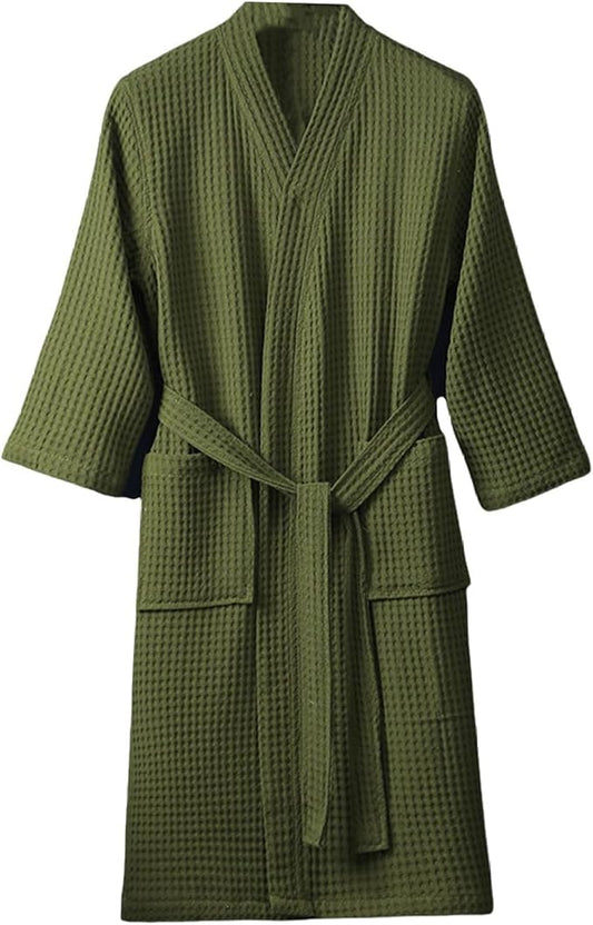 Men & Women Long Sleeve Kimono Bathrobe Lightweight Waffle Absorbent Spa Robe with Belt and Pockets