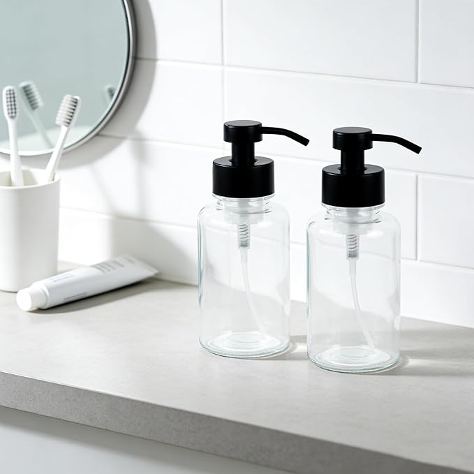 15 oz Amber-Tinted Thick Glass Foaming Soap Dispenser, Refillable Foaming Soap Dispenser with Black Rust-Proof Foam Pump, Suitable for Bathrooms and Kitchens (2, Clear)