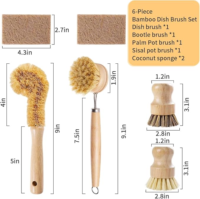 Natural Bamboo Dish Brush 6-Piece Kitchen Cleaning Set with Sisal, Palm Fiber, and Coconut Coir Brush Heads - Multi-Purpose Utensil and Pot Scrubber