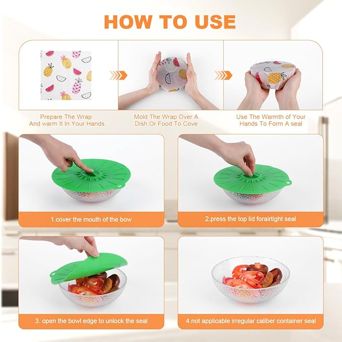 Reusable Beeswax Food Wraps (9 Pack) & Silicone Lids Microwave Splatter Cover (5 Pack), 2-in-1 Kitchen Food Wrap Set – Organic, Heat-Resistant, Eco-Friendly, Plastic-Free Food Storage & Covers