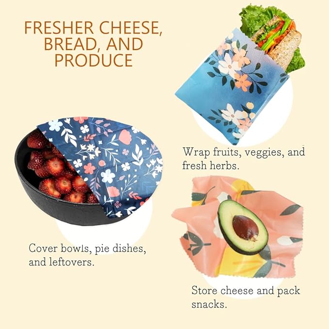 9 Pack Beeswax Wraps for Food, Reusable Organic Cotton Food Storage Covers for Bread, Cheese, Fruit, and Vegetables, Plastic Free Kitchen Supplies, 3 Sizes