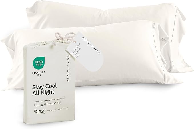 Olive + Crate Tencel Eucalyptus Pillowcases - 100% Tencel Lyocell Cooling Pillow Cases for Hot Sleepers - Hypoallergenic, Moisture-Wicking, Silk Alternative, Vegan - King Size Set of 2 [Ivory]