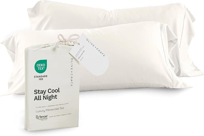 Olive + Crate Tencel Eucalyptus Pillowcases - 100% Tencel Lyocell Cooling Pillow Cases for Hot Sleepers - Hypoallergenic, Moisture-Wicking, Silk Alternative, Vegan - Queen Size Set of 2 [Ivory]