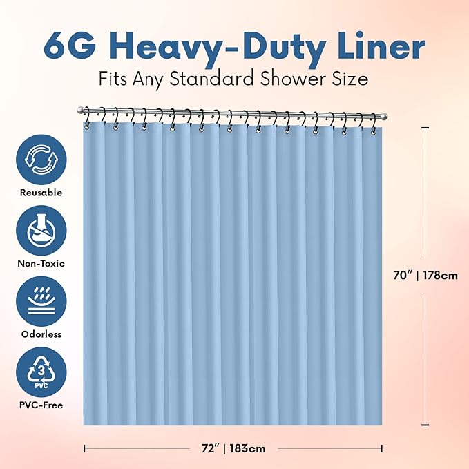No Smell Shower Curtain Liner 72x72 Light Blue - PEVA Plastic Shower Curtain for Bathroom, PVC-Free Waterproof Blue Shower Liner with Metal Grommets and Magnet-Weighted Bottom Hem - Washable Liner