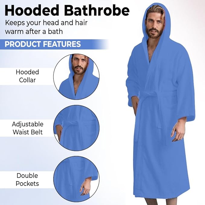 Men’s Hooded Bathrobe, 100% Cotton Terry Bathrobe, Spa Style Bath Robe, Absorbent Shower Robe, Lightweight Towel Bathrobes