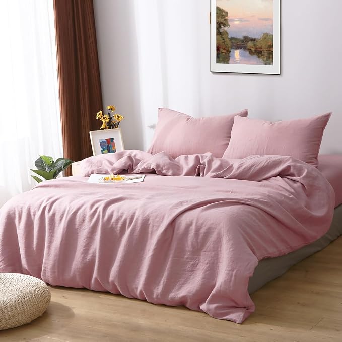 S VICTORY SYMBOL 100% Organic Linen Duvet Cover Set 3PCS King Size,Stone Washed Natural French Flax Bedding,1 Duvet Cover and 2 Pillowcases,Farmhouse Bedding Set(Pink Lavender)