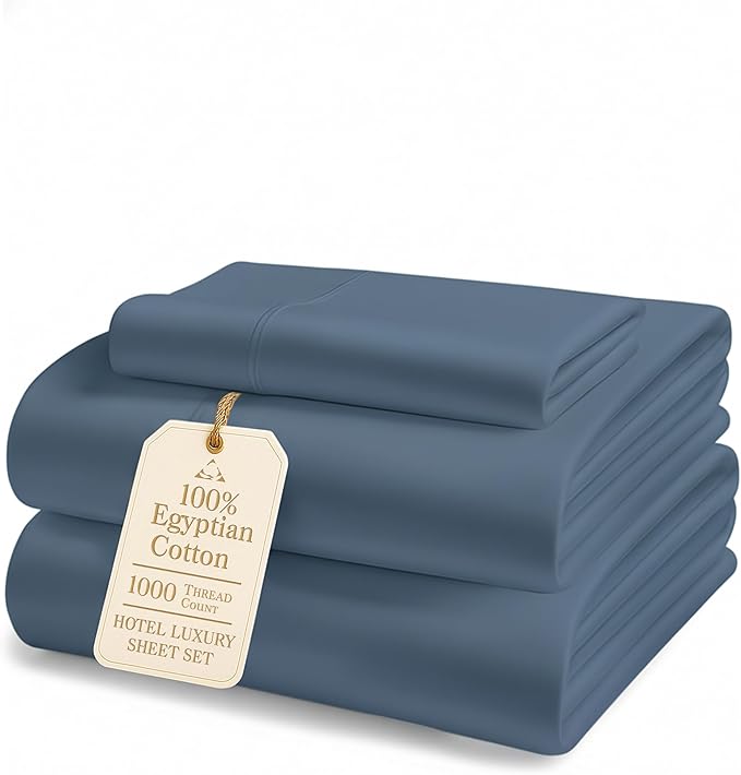 LANE LINEN 100% Cotton Bed Sheets Twin Size - 1000 Thread Count, Long Staple Mercerized Cotton Bedding Sheets, Luxury Hotel Like Thick 15" Deep Pocket Sheets Set, Reinforced French Seams -Estate Blue