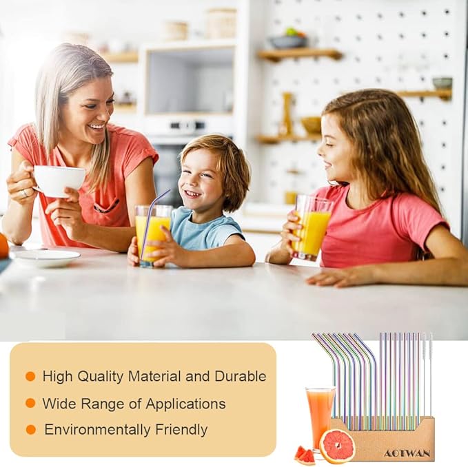 AOTWAN 20-Pack Reusable Stainless Steel Metal Straws Colourful, 9 Straight + 9 Bent 8.5'' Metal Straws for 20 oz Tumblers Dishwasher Safe with 2 Cleaning Brushes