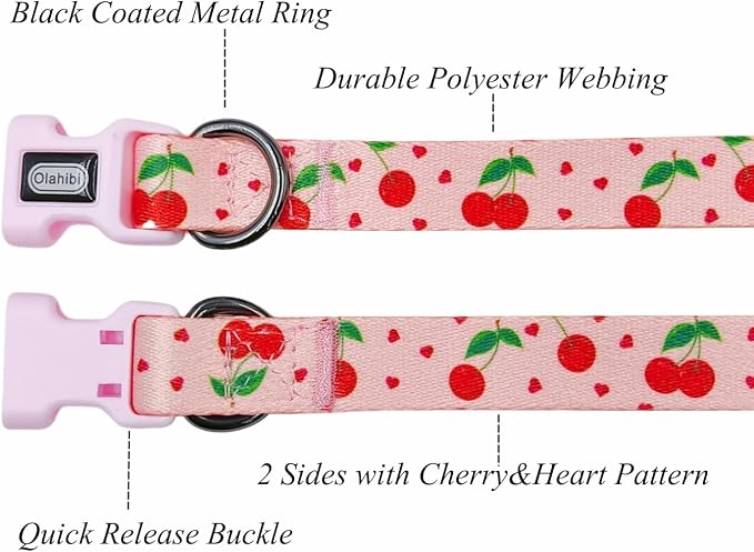 Dog Collar Leash Set, Fruit Pattern, Polyester Material, Adjustable Collar and 5ft Matching Leash, for Large Dogs.(L, Pink Cherry)