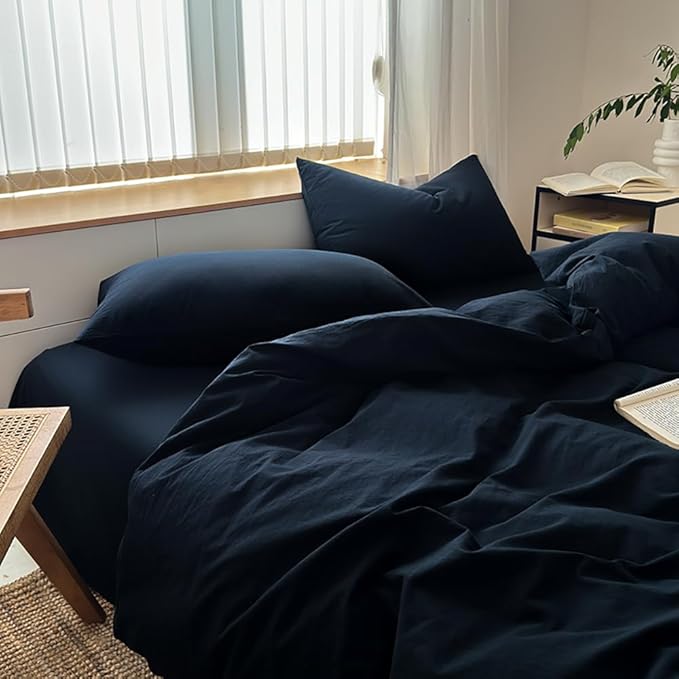 FACE TWO FACE Bedding Duvet Cover Set100% Washed Cotton Duvet Cover Linen Like Textured Breathable Durable Soft Comfy (Full, Tibetan Blue)