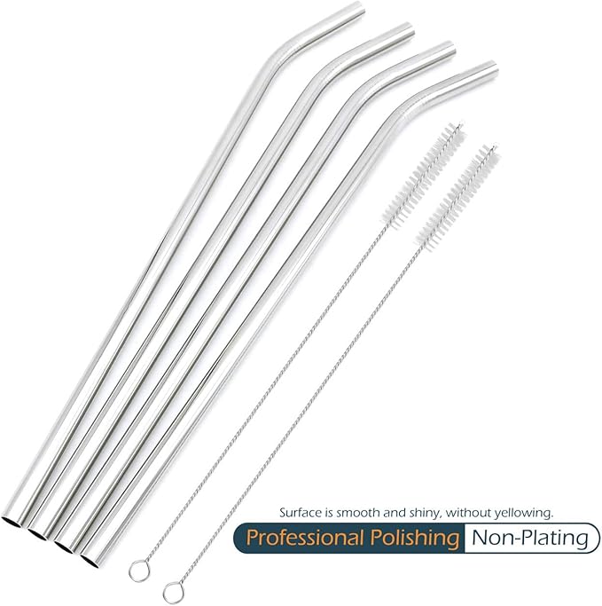 Big Drinking Straws Reusable 12 Inches Extra Long 9mm Extra Wide SUS 304 Food-Grade 18/8 Stainless Steel - Set of 4 with 2 Cleaning Brushes - Bent
