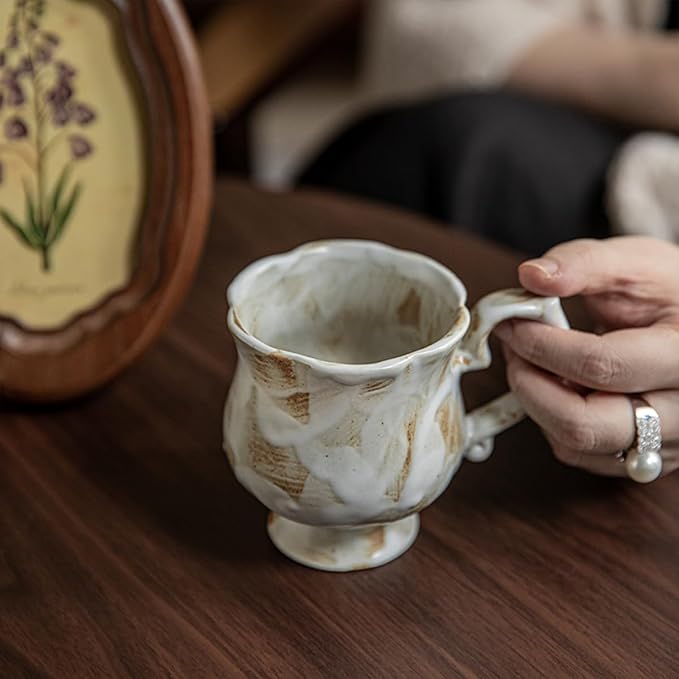 10 oz Footed Ceramic Mug, White & Brown Rustic Handmade Glazed Coffee Cup with Handle, Vintage Tea Cup for Home Office, Dishwasher & Microwave Safe