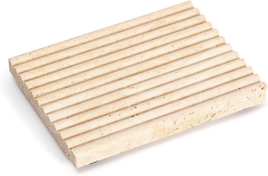 Natural Travertine Soap Dish, Rectangular 4.7"x3.5" Beige Marble Bar Soap Holder for Shower, Bathroom Soap Saver with Self Draining Grooves, Modern Rustic Stone Soap Tray, Sponge Holder, Keep Bars Dry