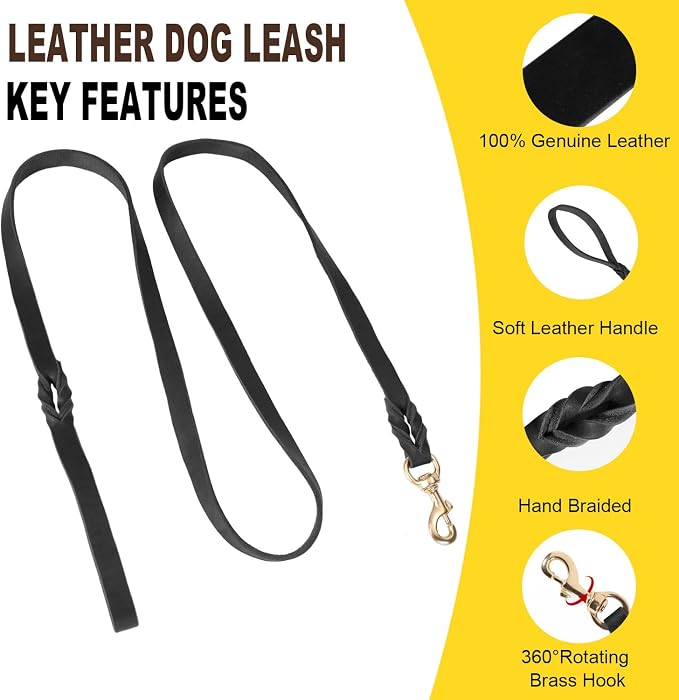 LWBMG 6FT Leather Dog Collar and Leash Set, Heavy Duty Dog Leash and Collar with Metal Buckle, Adjustable Pet Collar Set, Soft Puppy Leash and Collar Set for Medium Large Dogs Black