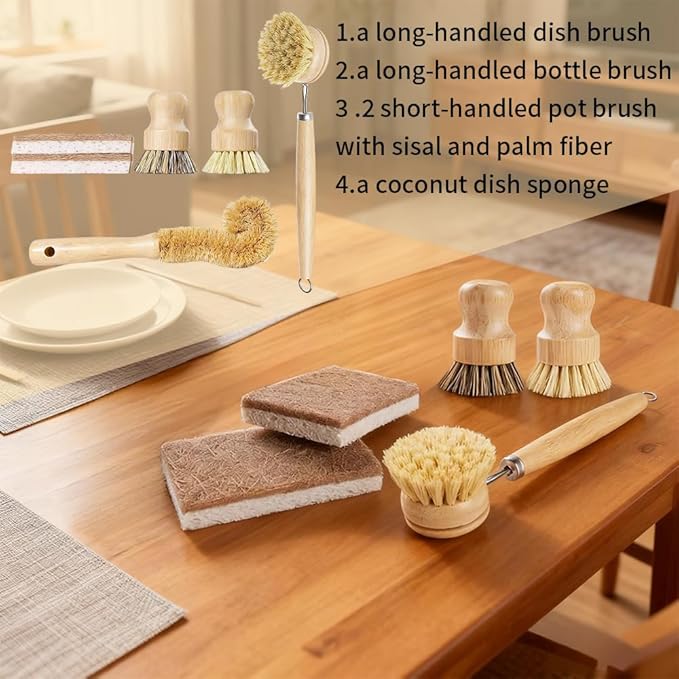 Natural Bamboo Dish Brush 6-Piece Kitchen Cleaning Set with Sisal, Palm Fiber, and Coconut Coir Brush Heads - Multi-Purpose Utensil and Pot Scrubber