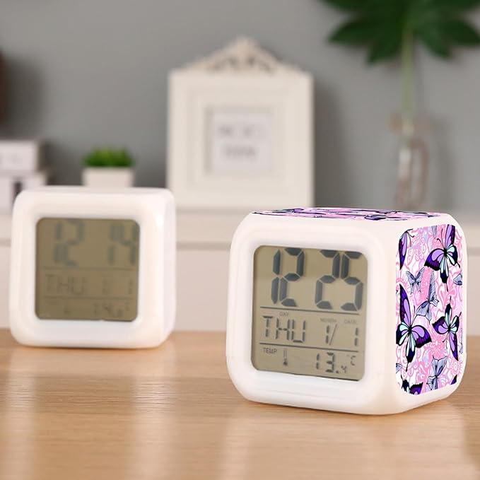 Digital Alarm Clock,Purple Butterflies with Pink Florals 7 Color Change LED Digital Alarm Clock with Date Thermometer for Toddlers,Girls and Boys