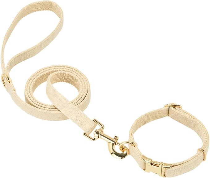 Luxury Soft Cotton Tweed Fabric Dog Collar & Leash Set with Gold Buckle – Durable Fabric, Stylish Design for Everyday Walks(Large Cream)
