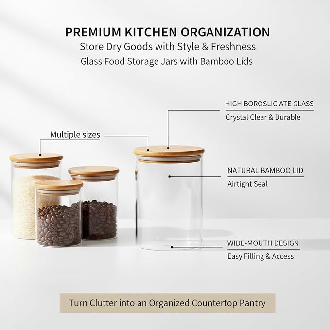 Borosilicate Glass Storage Jars with Bamboo Lids, Clear Kitchen Canisters for Pantry Organization of Dry Goods, Coffee, Tea, and Grains