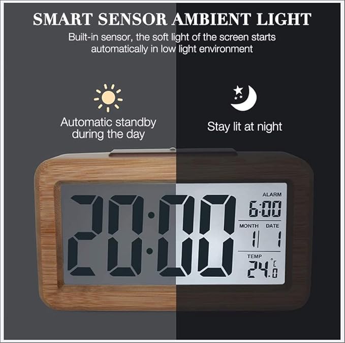 Alarm Clocks, Digital Alarm Clock Wooden Large LED, Smart Sensor Night Light with Snooze, Date, Temperature, 12/24Hr Switchable,Easy to Use,Solid Wood Shell, for Bedrooms and Travel