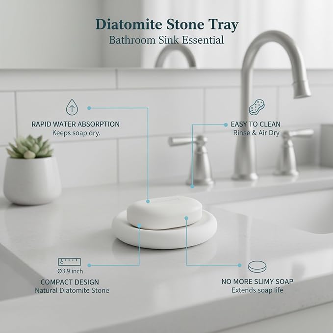 Round Diatomite Soap Dish for Bathroom Sink, Quick-Drying Stone Bar Soap Holder Tray, 3.9 Inch Diameter