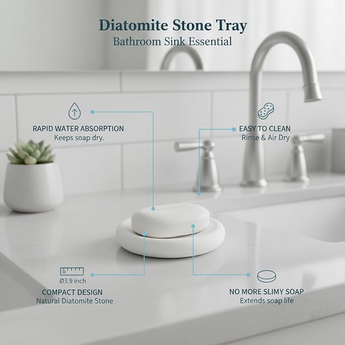 Round Diatomite Soap Dish for Bathroom Sink, Porous Stone Bar Soap Holder Tray, 3.9 Inch Diameter
