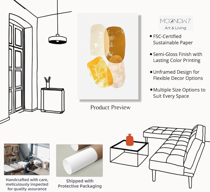 Moonow7 Radiant Glow Wall Art Poster, Minimalist Yellow and White Abstract Prints for Modern Bedroom, Office or Living Room Decoration, Unframed Size A3 29.7 x 42 cm / 16.5X11.7