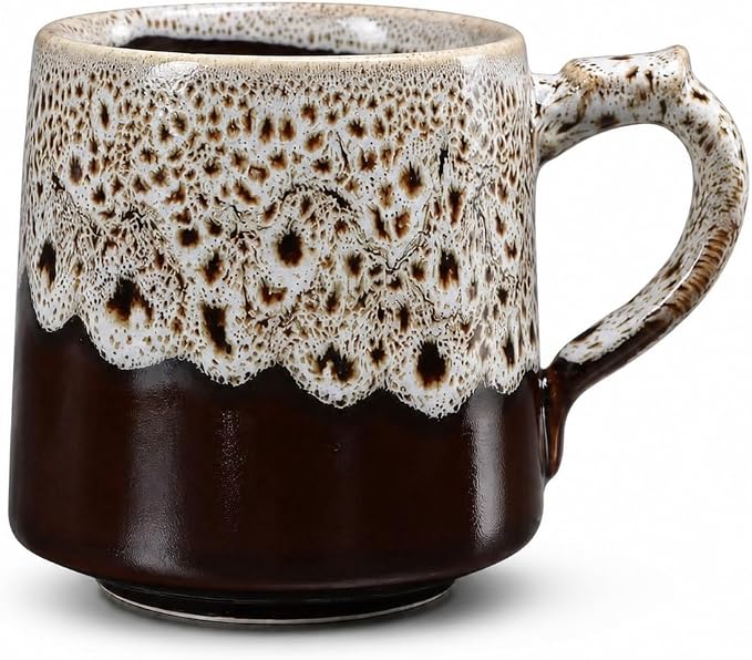 12oz Boho Style Leopard Pattern Reactive Glaze Ceramic Pottery Coffee Mug, Lead-Free Glaze Ceramic Tea Mug,Tea cup with handle, stoneware mugs, Microwave and Dishwasher Safe (White)