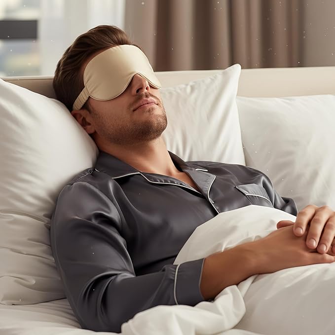 Luxury 22 Momme Mulberry Silk Eye Mask for Women Men Blindfold with Elastic Strap,100% Pure Silk Travel Eye Covers Light Blocking Lightweight Cooling Soft Night Eyeshade Sleep Masks,Beige