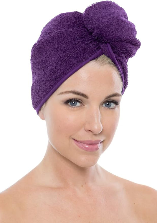 TexereSilk Women's Rayon and Cotton Terry Hair Towel - Quick Dry, Absorbent and Lightweight Hair Wrap Towel with Loop and Twist Closure (Tya, Purple, U)