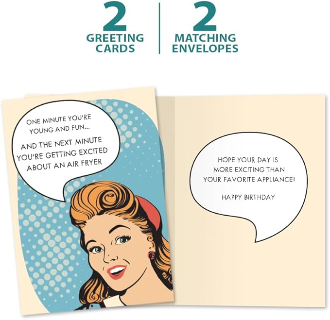 Tree-Free Greetings - Birthday Cards - Artful Designs - 2 Cards + Matching Envelopes - Made in USA - 100% Recycled Paper - 5 x 7 - Air Fryer (GT61256)