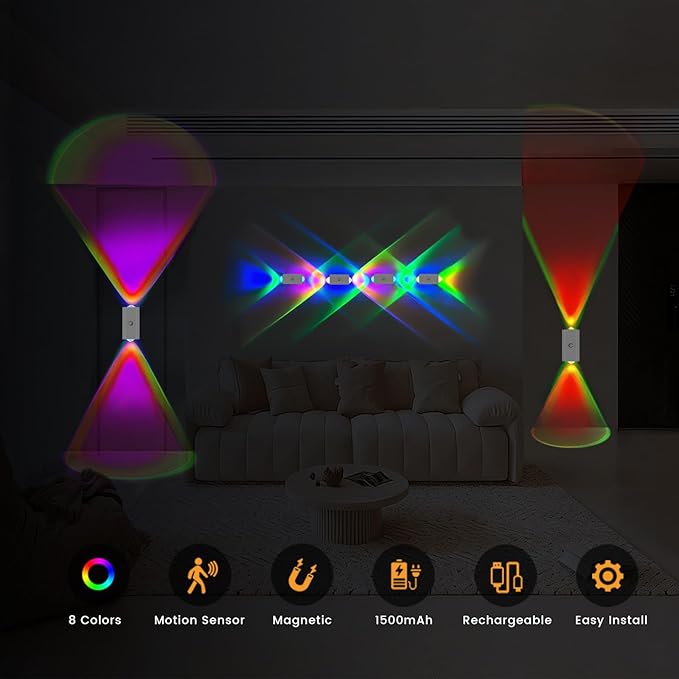 easuntec Motion Sensor Rechargeable Night Light Color Changing, 8 Colors Sunset Projector Lamp, Magnetic Stick-on Wireless Sunset Lamp for Room Decor,USB-C Dimming & No Drill Installation（RGB,2 Pack）