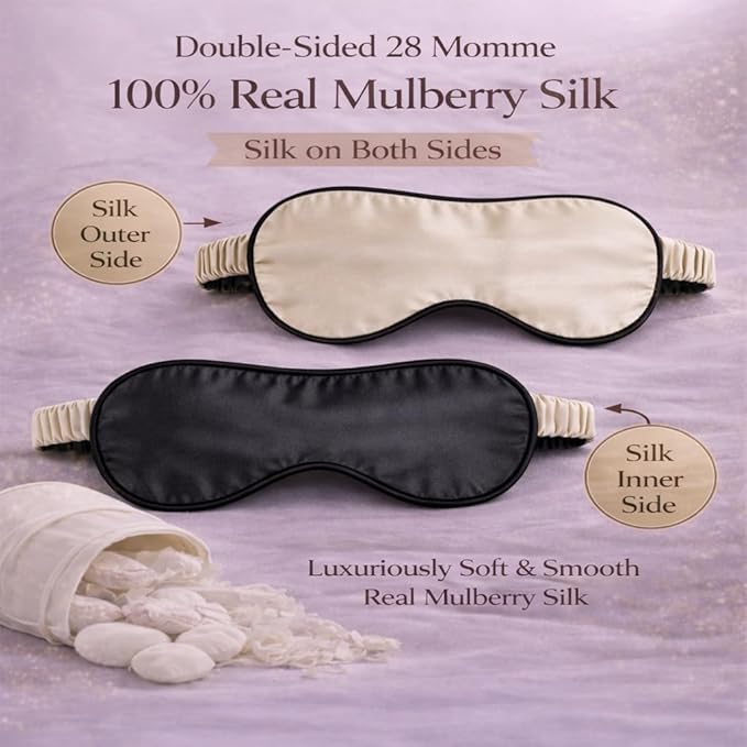 100% Mulberry Silk Sleep Mask for Women/Men Airplane Travel, Pure 22 Momme Silk Eye Mask Blackout for Sleeping, Ajustable, Luxury, Anti Wrinkle, Anti Aging Silk Blindfold, Made in USA (Champagne)