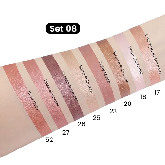 evpct 8Pcs Cream Eye Shadow Brightener Sticks Makeup Sets, Champagne Pearl Bronze Putty Sand Orchid Rose Gold Shimmer Matte Eyeshadow Eyeliner Pencil Applicator Stick Palette Makeup for Older Women 08