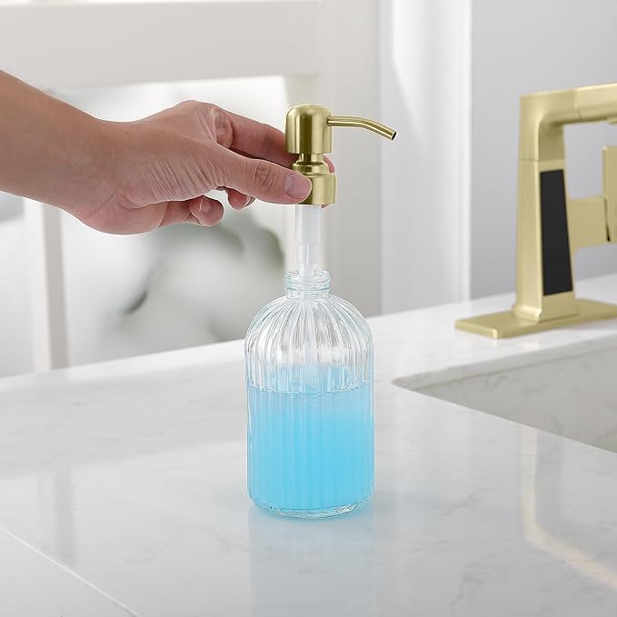 Gold Refillable Glass Kitchen Soap Dispenser,16oz Bathroom Soap Dispenser with Vertical Strip,Golden 304 Stainless Steel Pump Head, Clear Thick Glass,for Modern Home Decor, Countertop, Hotel
