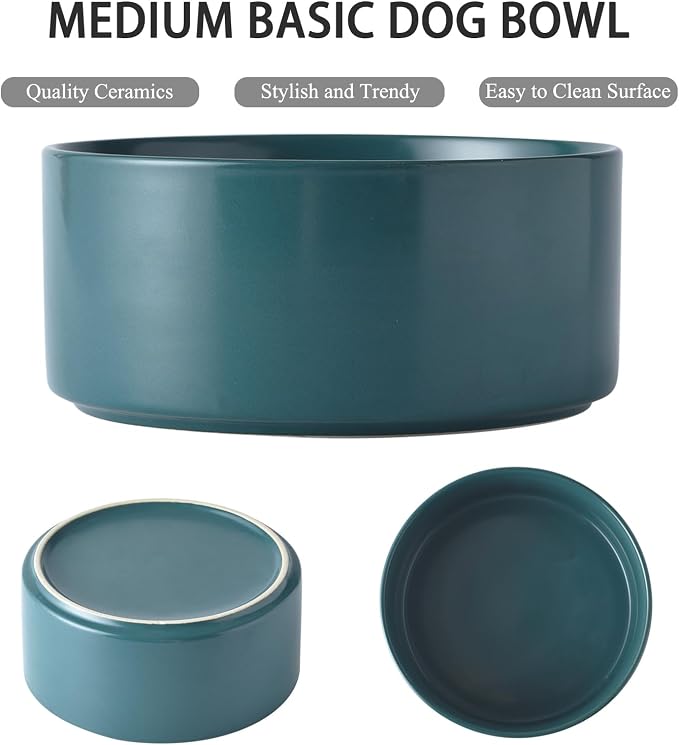 Raised Ceramic Dog Bowl Set - Elevated Dog Bowls with Non Slip Bamboo Stand, Food and Water Bowl Set for Small and Medium Breed Dogs, Pet Bowls, Weighted Dogs Dishes (6'', 2 * 30OZ, Green)