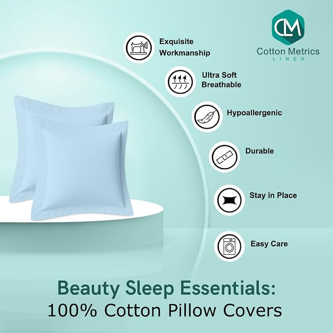 2 Pack Euro Pillow Shams 24x24 – 600 Thread Count 100% Organic Cotton Sky Blue Square Pillow Covers with 2 Inch Flange, Soft & Smooth Premium Hotel-Quality Pillowcases Set of 2