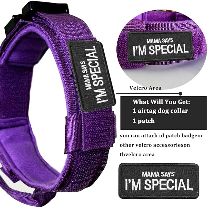 Tactical Dog Collar and Leash Set with Airtag Holder Waterproof Dog Airtag Collar with Handle Adjustable Heavy Duty Dog Collar Leash Set(DeepPurple，XL