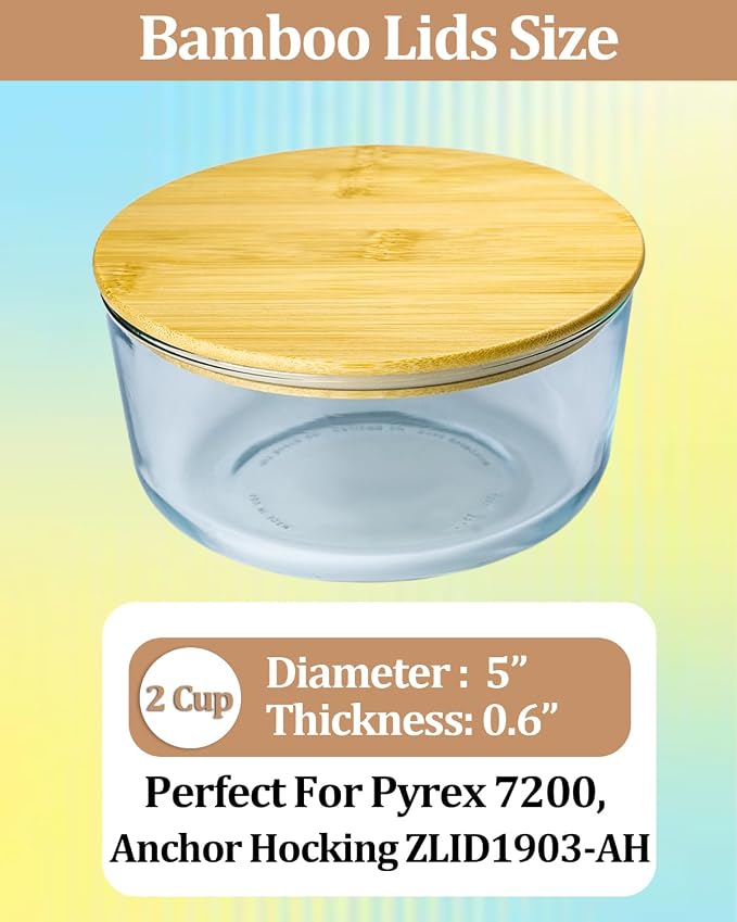 Replacement Wooden Lids for Pyrex, Anchor Hocking Glass Containers 7200 * 2, Bamboo Lids for Pyrex 2Cup Glass Bowls, Bowl Covers with Leakproof Silicone Gasket 2 Pack