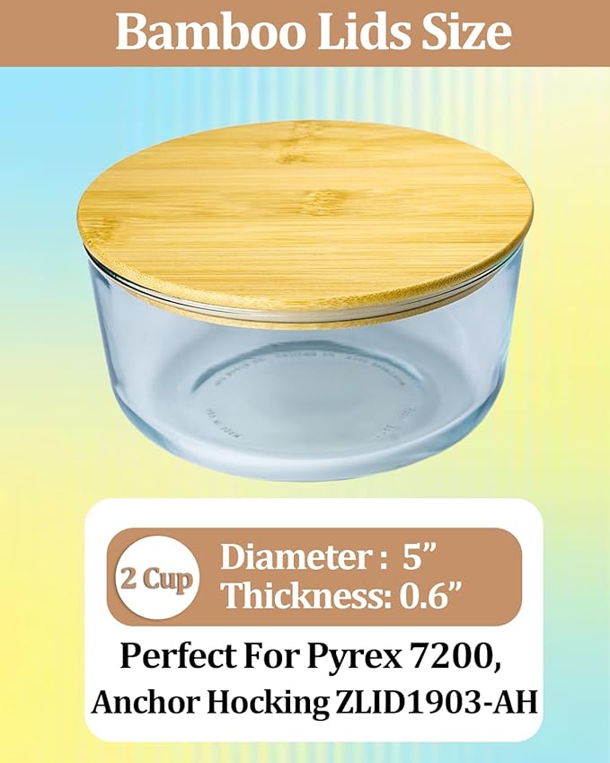 Replacement Wooden Lids for Pyrex, Anchor Hocking Glass Containers 7200 * 4, Bamboo Lids for Pyrex 2Cup Glass Bowls, Bowl Covers with Leakproof Silicone Gasket 4 Pack