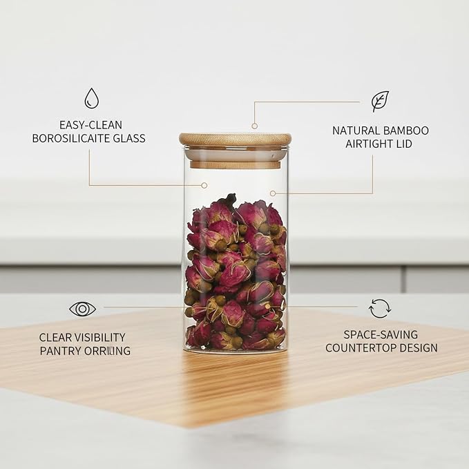 Borosilicate Glass Storage Jar with Bamboo Lid, Airtight Dry Food Canister for Kitchen Pantry & Countertop Organization